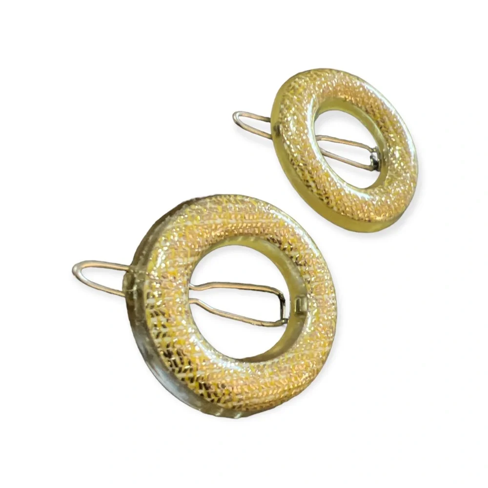 1960’s Mod Shimmery Gold Circle Barrettes, 1”, Pair of French Hair Clips